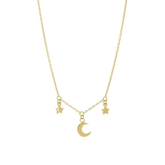 14K Solid Gold Dangle Half Moon Star Necklace
